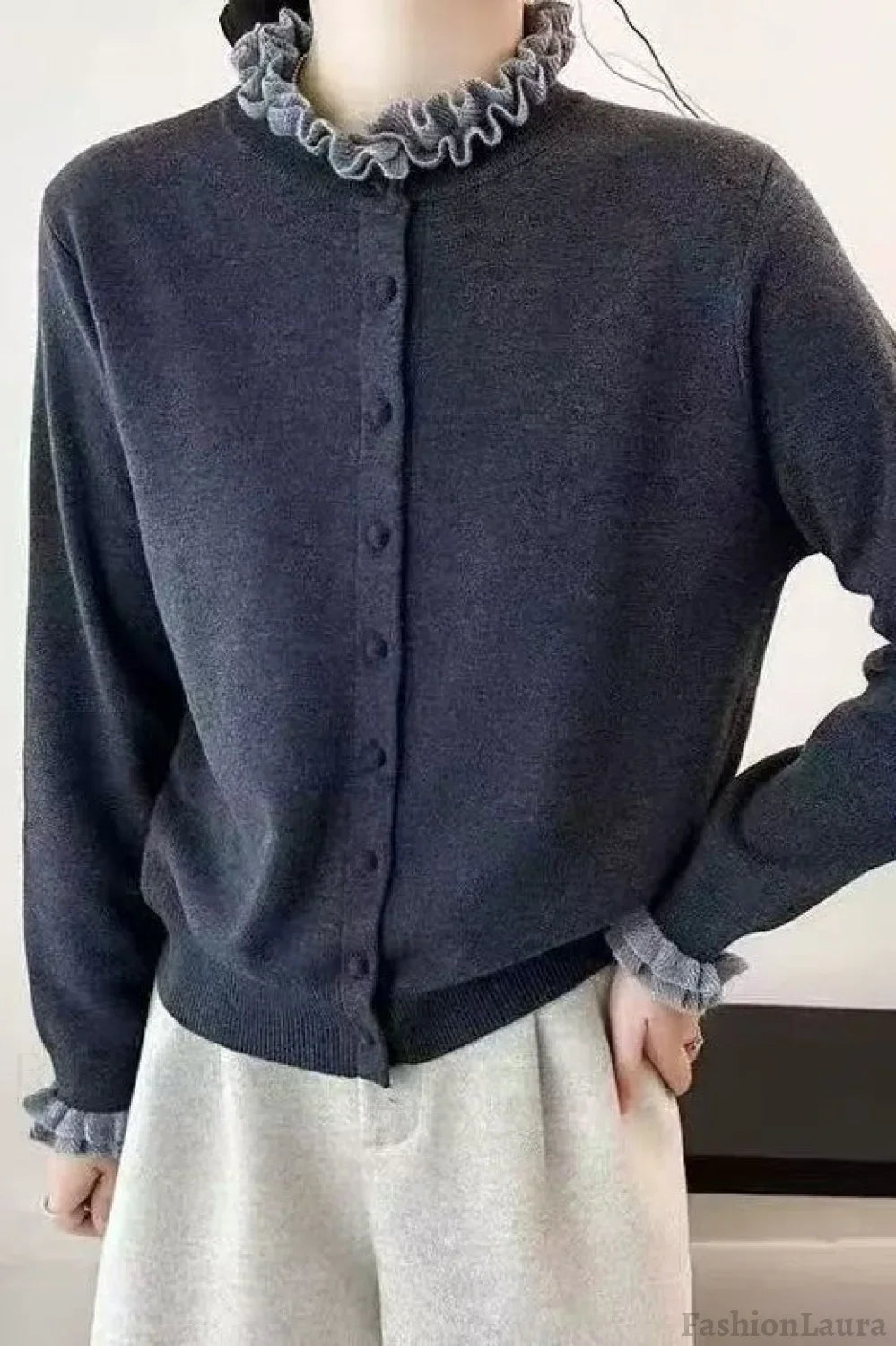 Ruffle Trim Contrast Cardigan Grey / One Size