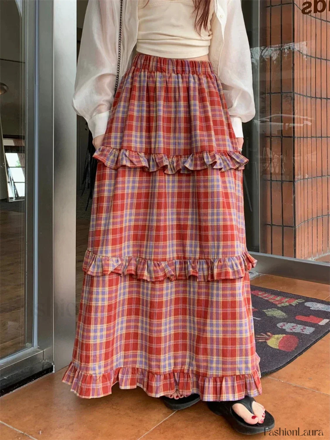 Ruffle Trim Plaid Maxi Skirt