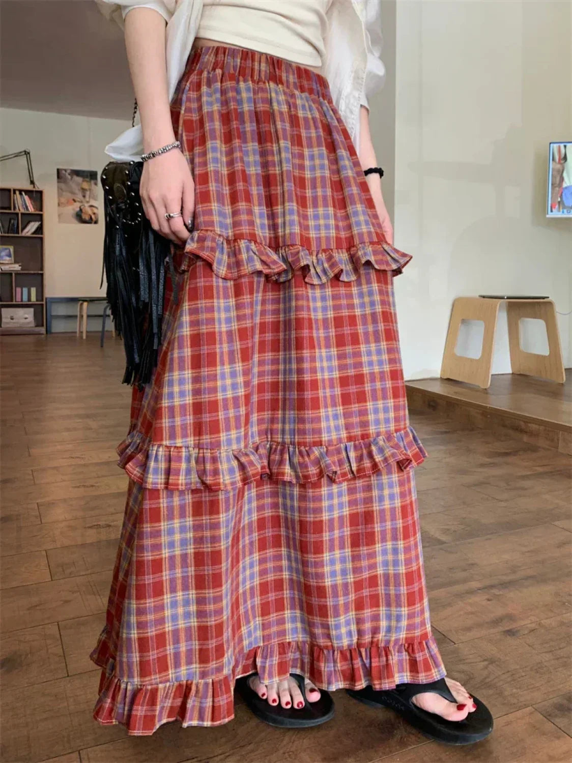 Ruffle Trim Plaid Maxi Skirt