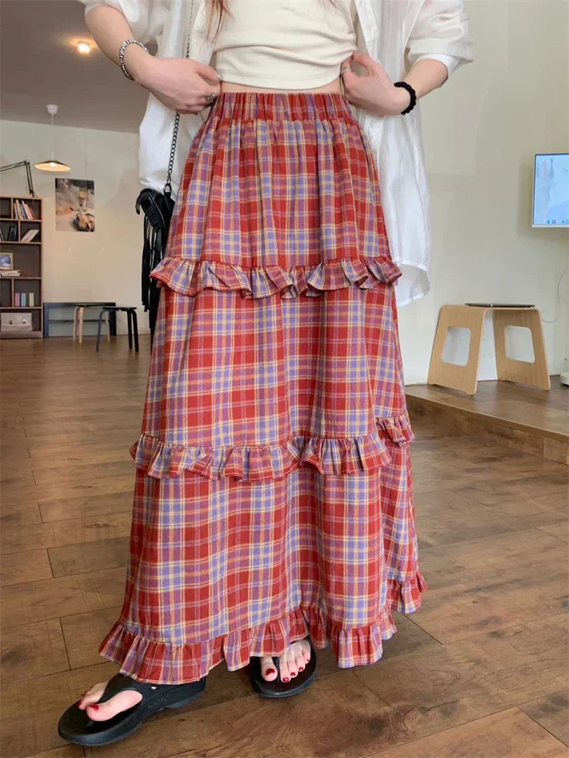 Ruffle Trim Plaid Maxi Skirt