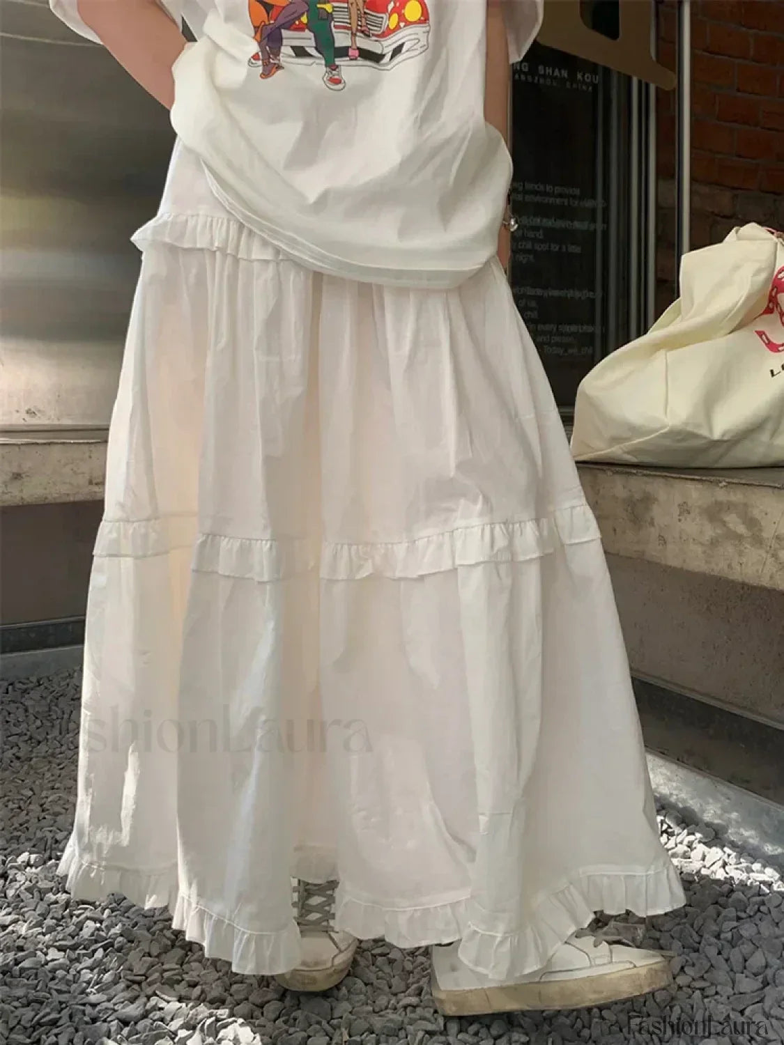 Ruffle Trim White Korean Style Elastic Waist Swing Skirt