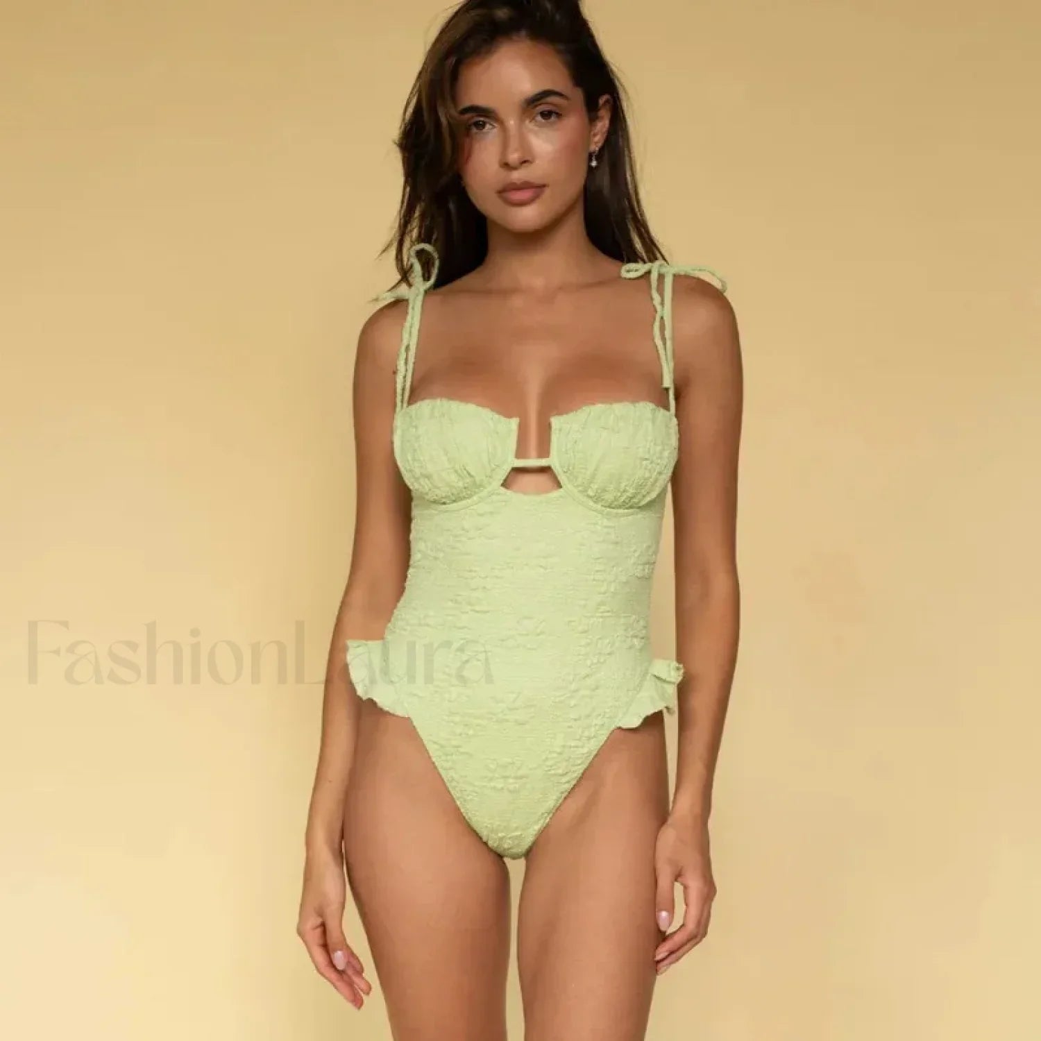 Ruffle V Neck Bathing One Piece green / S