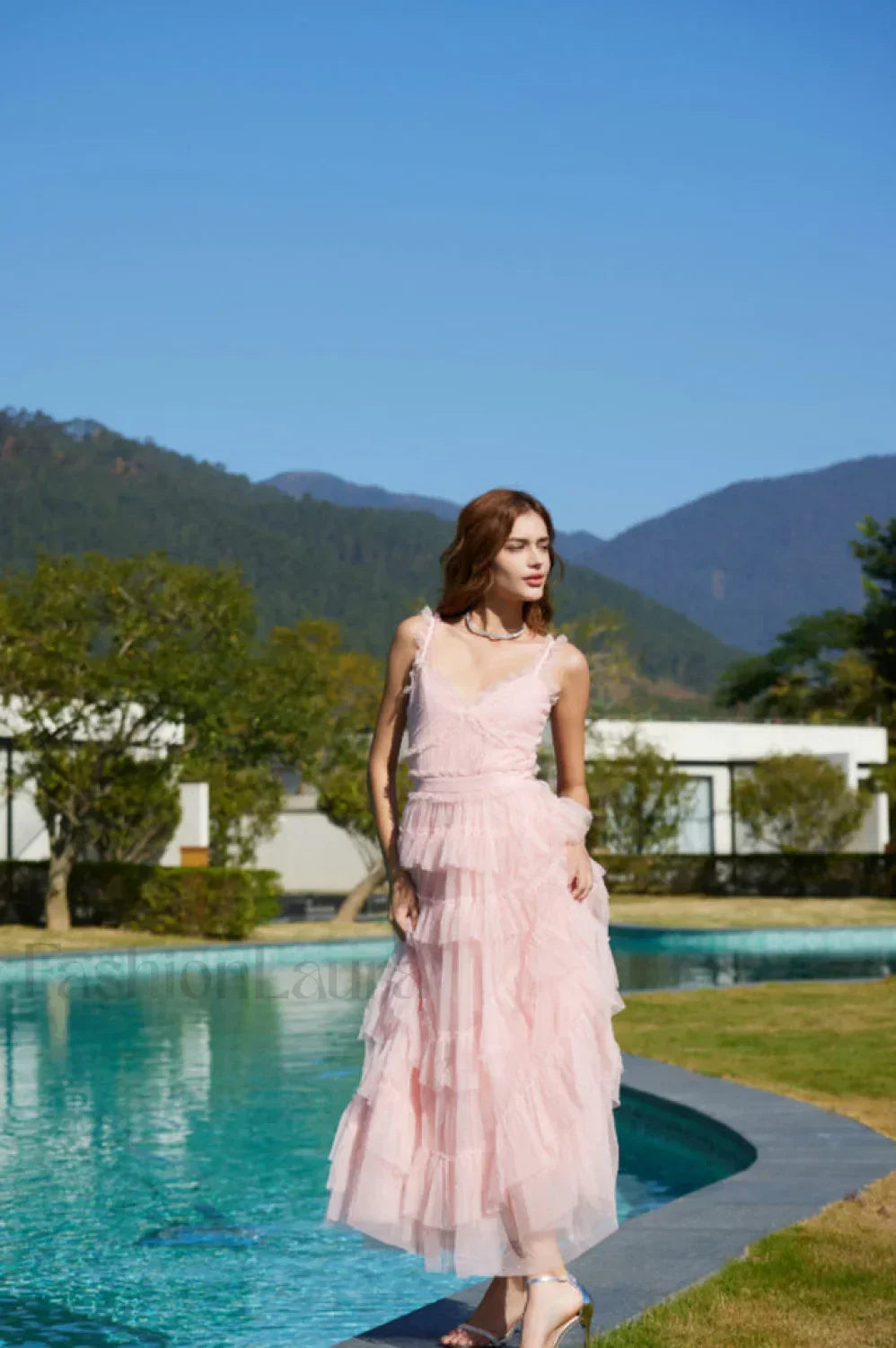 Ruffle V Neck Charming Tiered Tulle Evening Dress