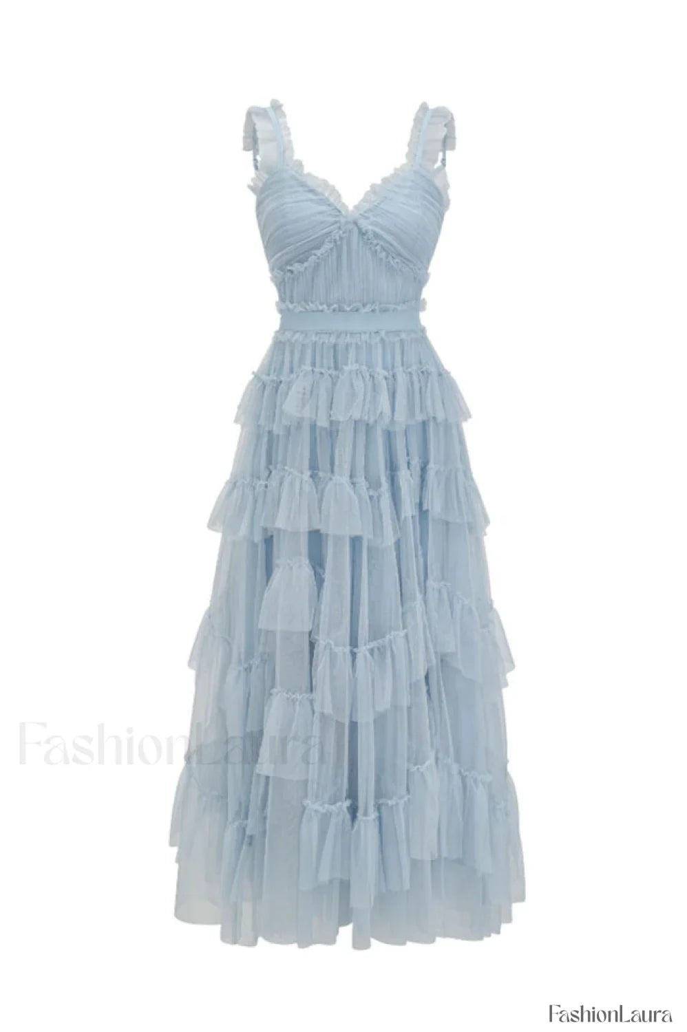Ruffle V Neck Charming Tiered Tulle Evening Dress