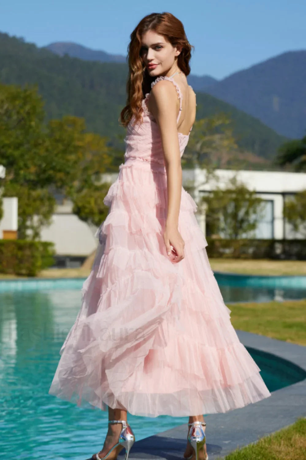 Ruffle V Neck Charming Tiered Tulle Evening Dress