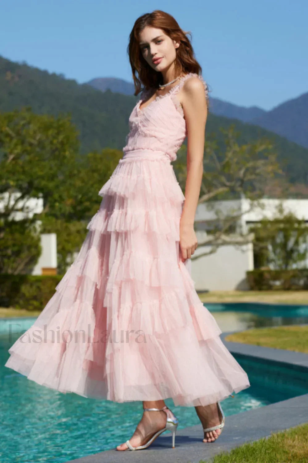 Ruffle V Neck Charming Tiered Tulle Evening Dress