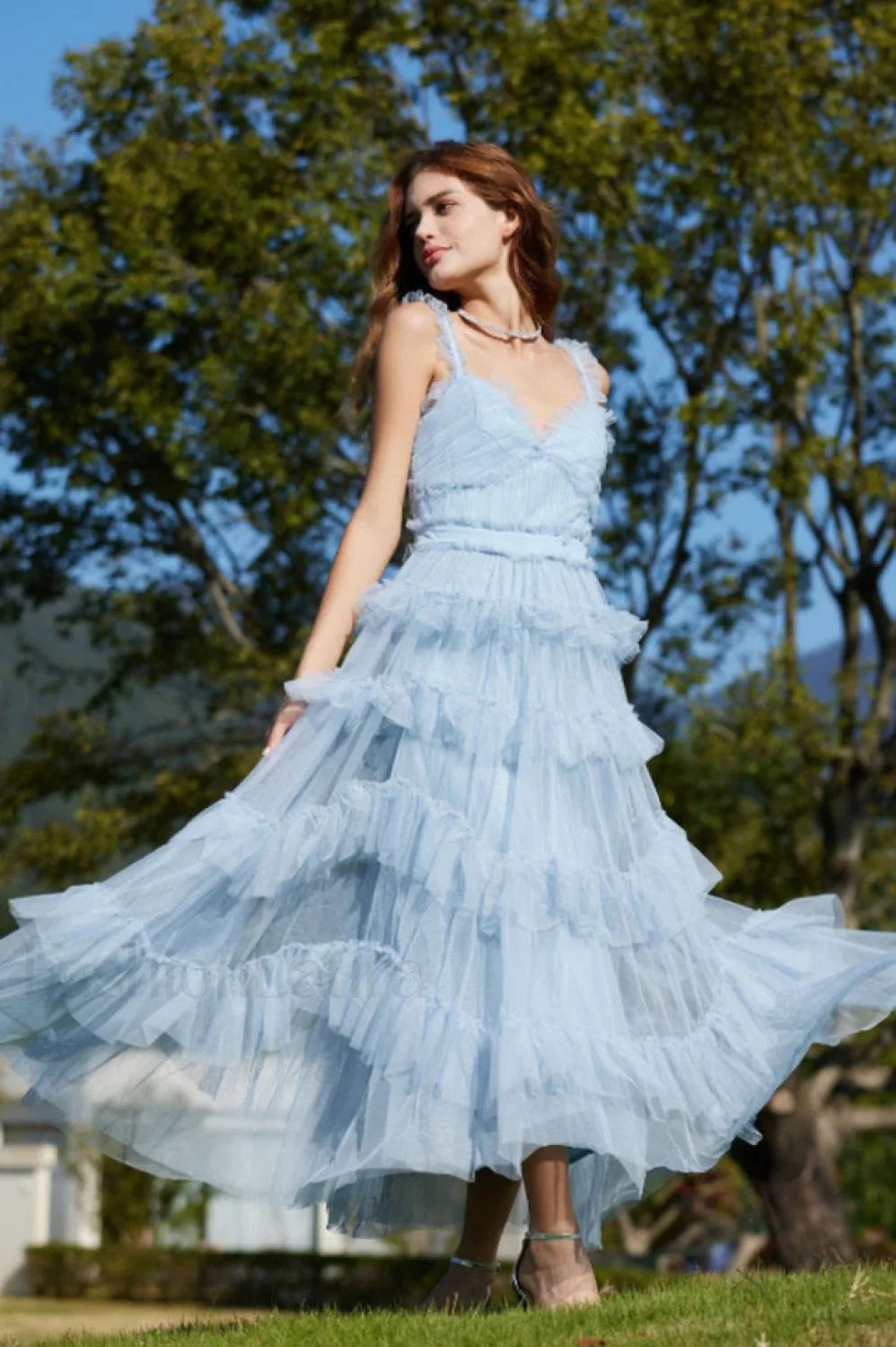 Ruffle V Neck Charming Tiered Tulle Evening Dress