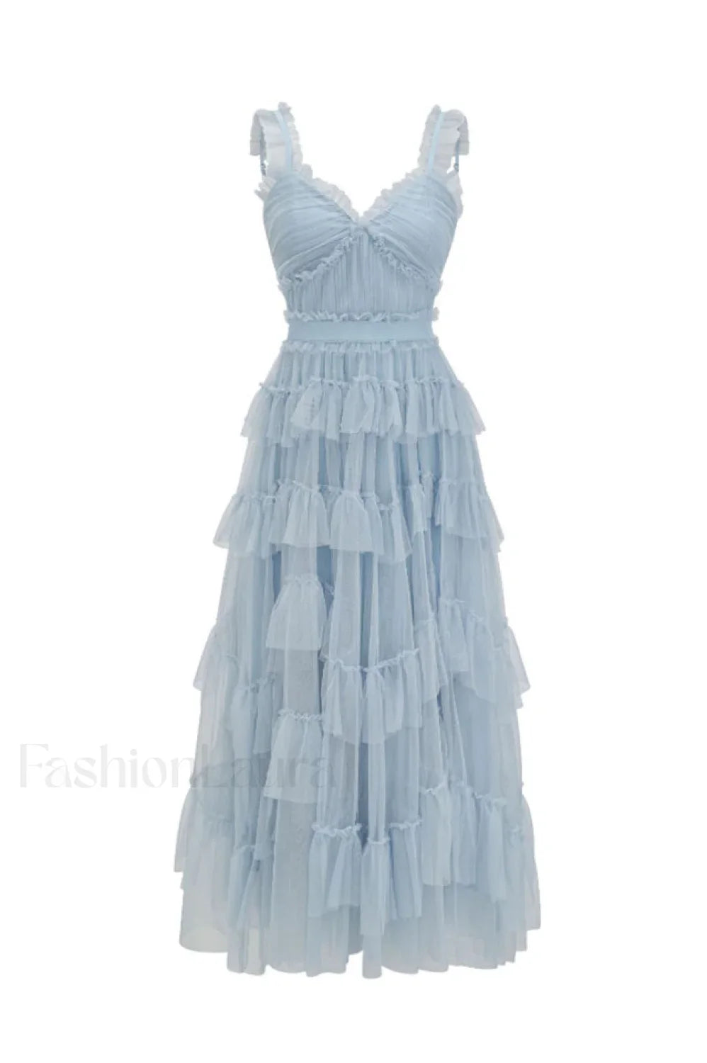 Ruffle V Neck Charming Tiered Tulle Evening Dress