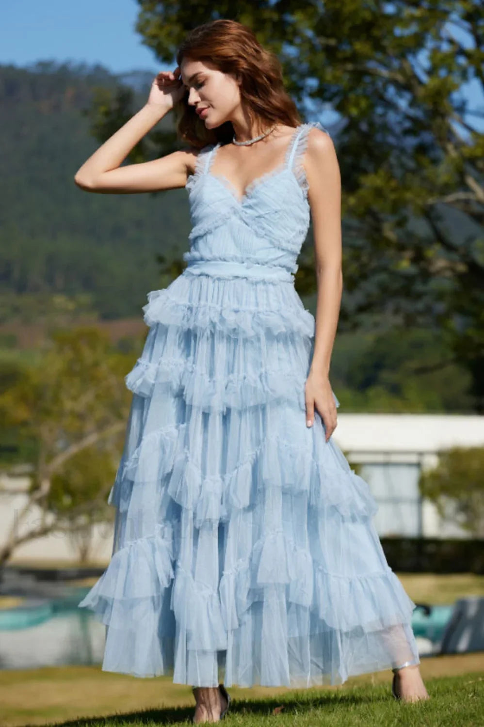 Ruffle V Neck Charming Tiered Tulle Evening Dress L / Baby Blue