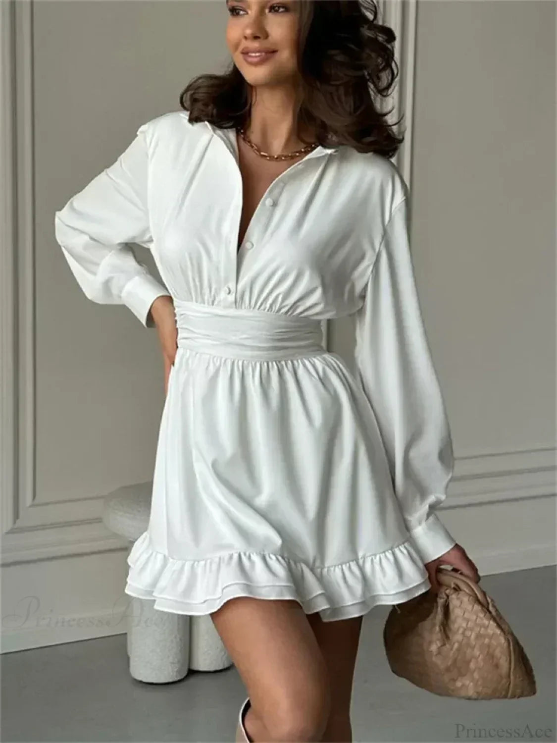 Collared Long Sleeve Button Front Ruched Waist Ruffle Hem Mini Shirt Dress
