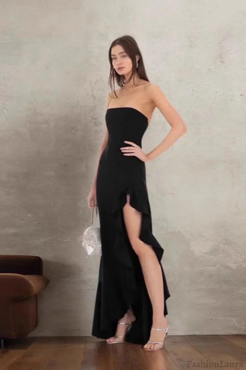 Ruffled Bustier Side Slit Formal Dress