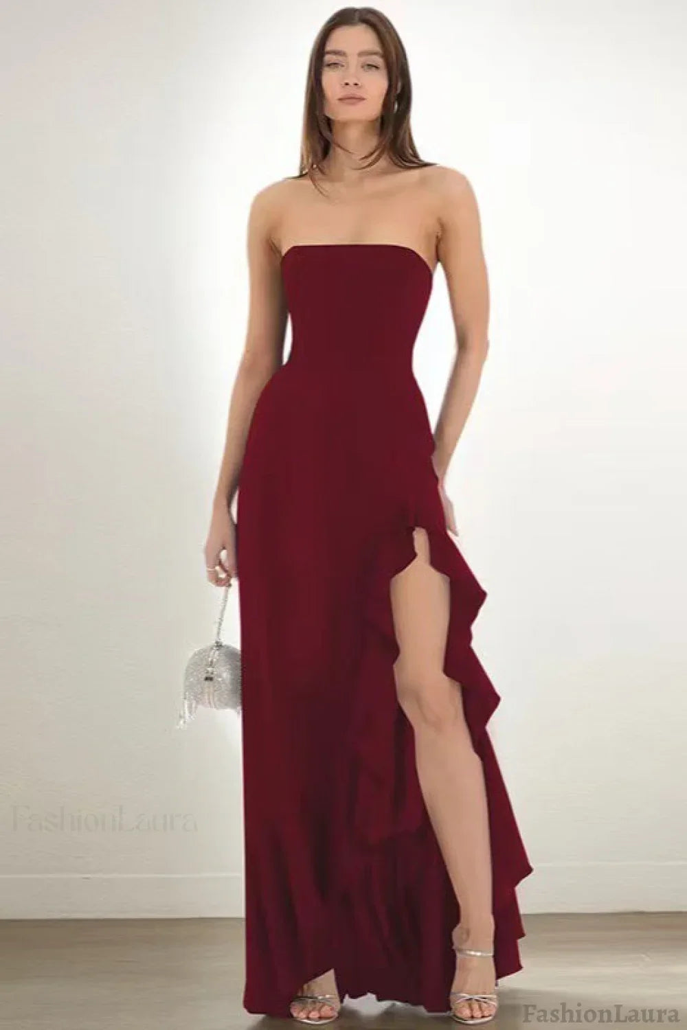 Ruffled Bustier Side Slit Formal Dress
