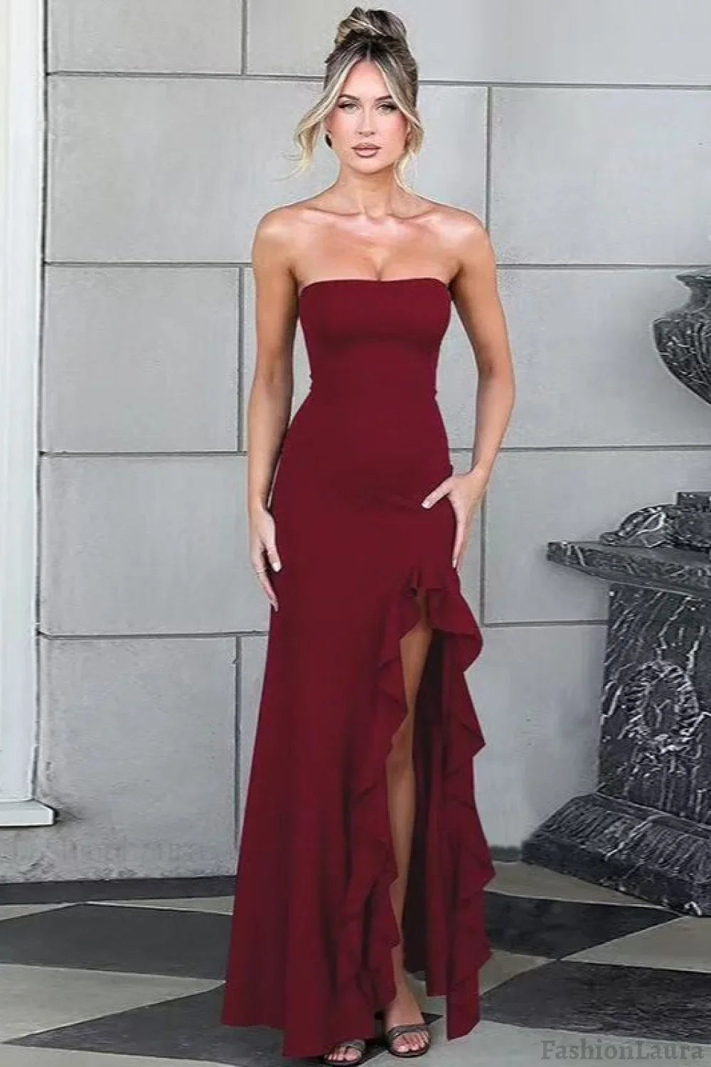 Ruffled Bustier Side Slit Formal Dress