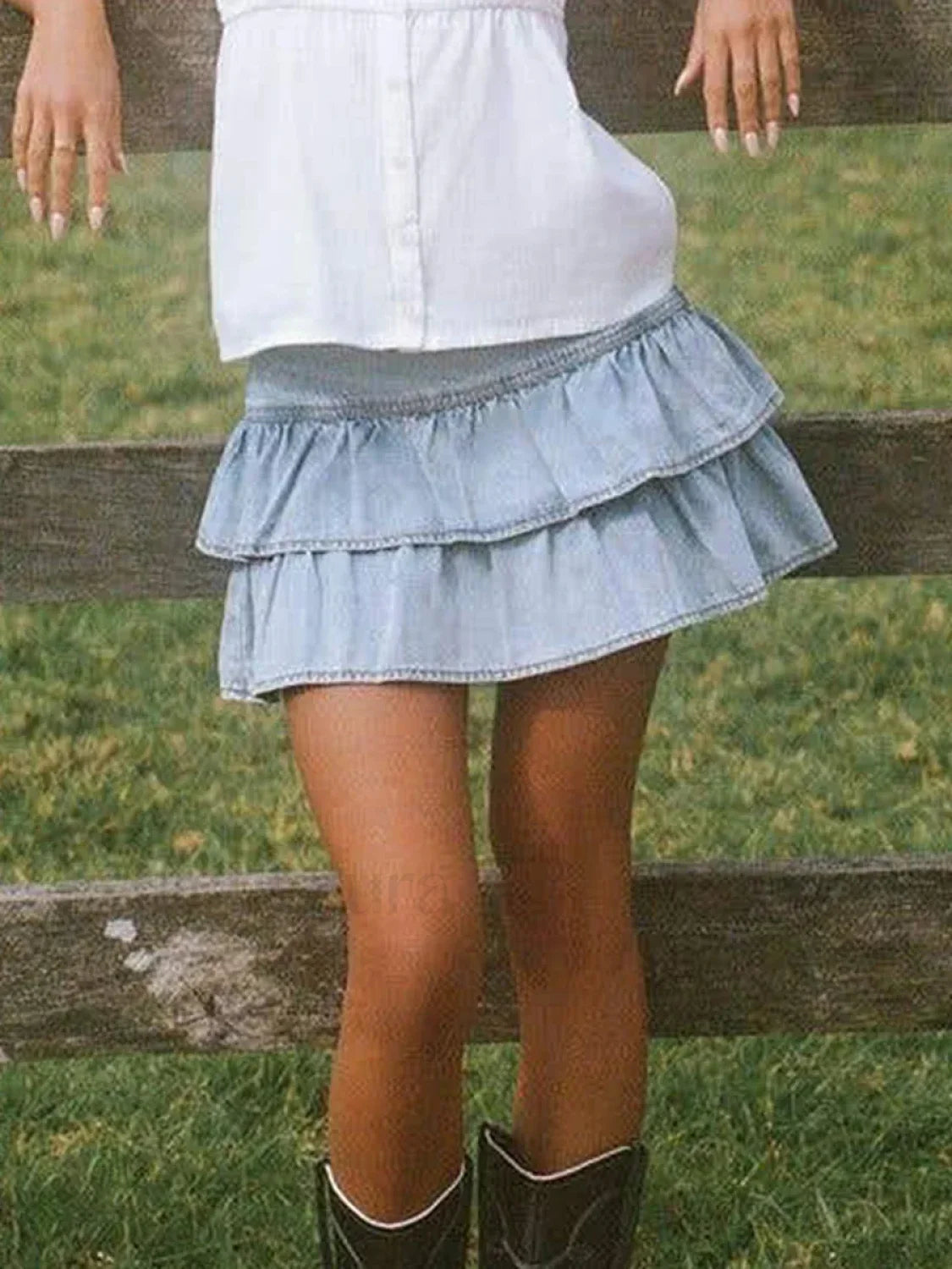 Ruffled Denim Mini Skirt Blue / S