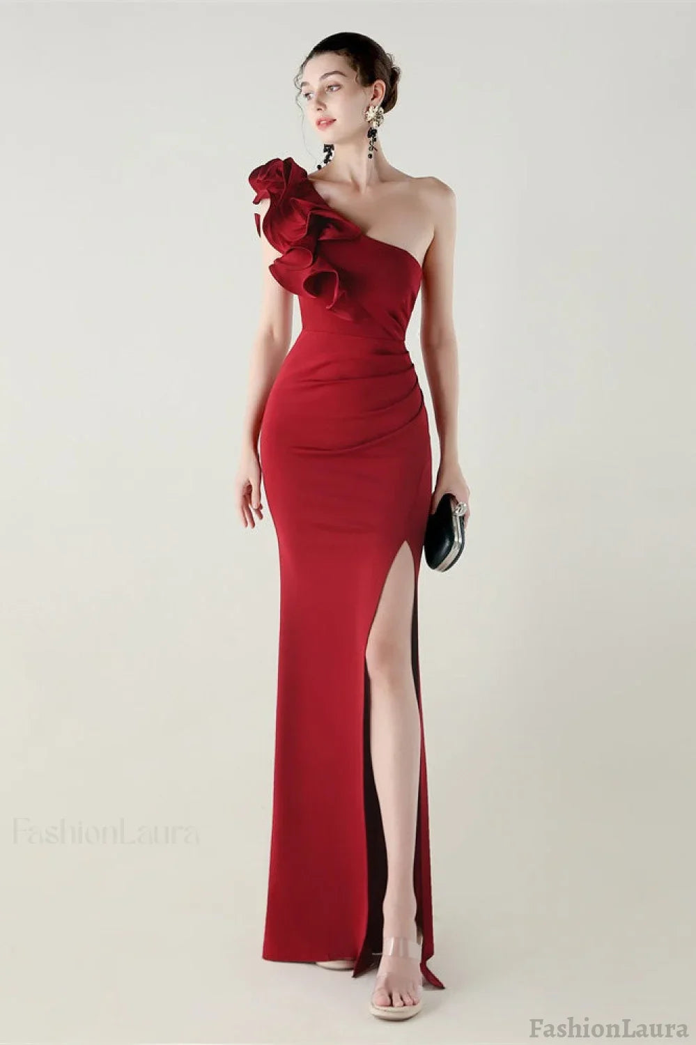 Ruffled Floral One Shoulder Satin Party Dress