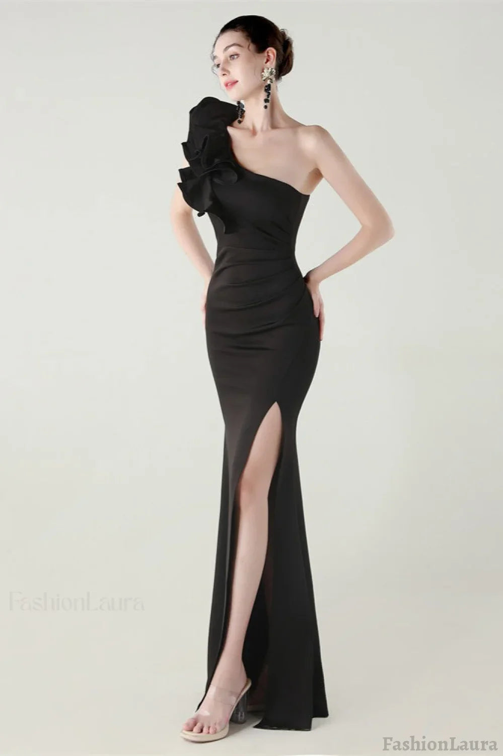 Ruffled Floral One Shoulder Satin Party Dress