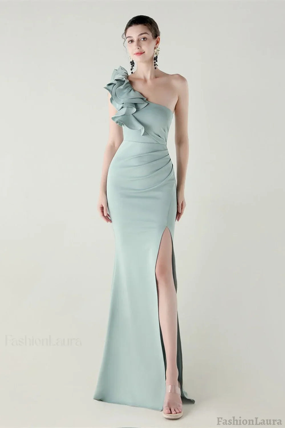 Ruffled Floral One Shoulder Satin Party Dress