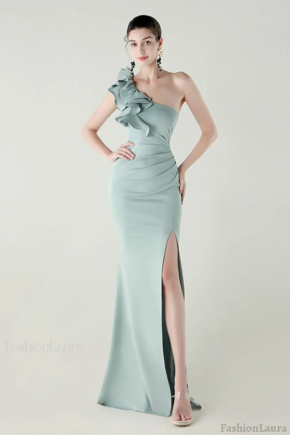 Ruffled Floral One Shoulder Satin Party Dress Light Green / S