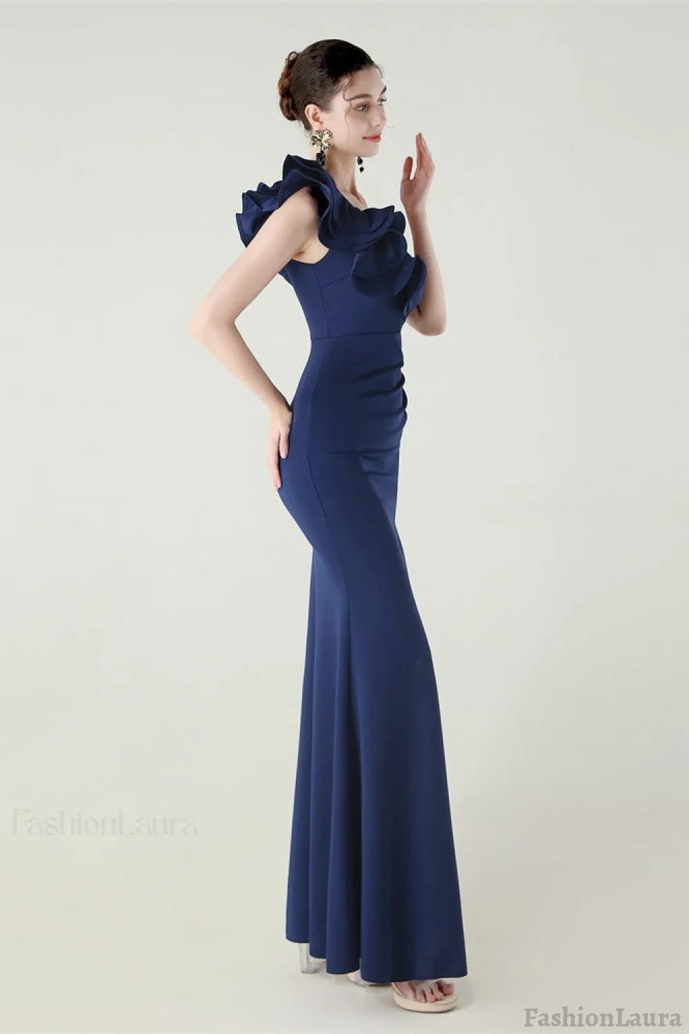 Ruffled Floral One Shoulder Satin Party Dress Navy blue / S