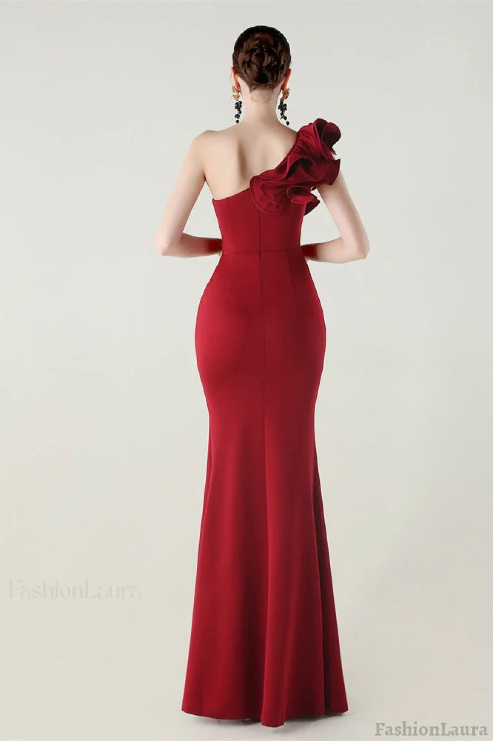 Ruffled Floral One Shoulder Satin Party Dress Red / S