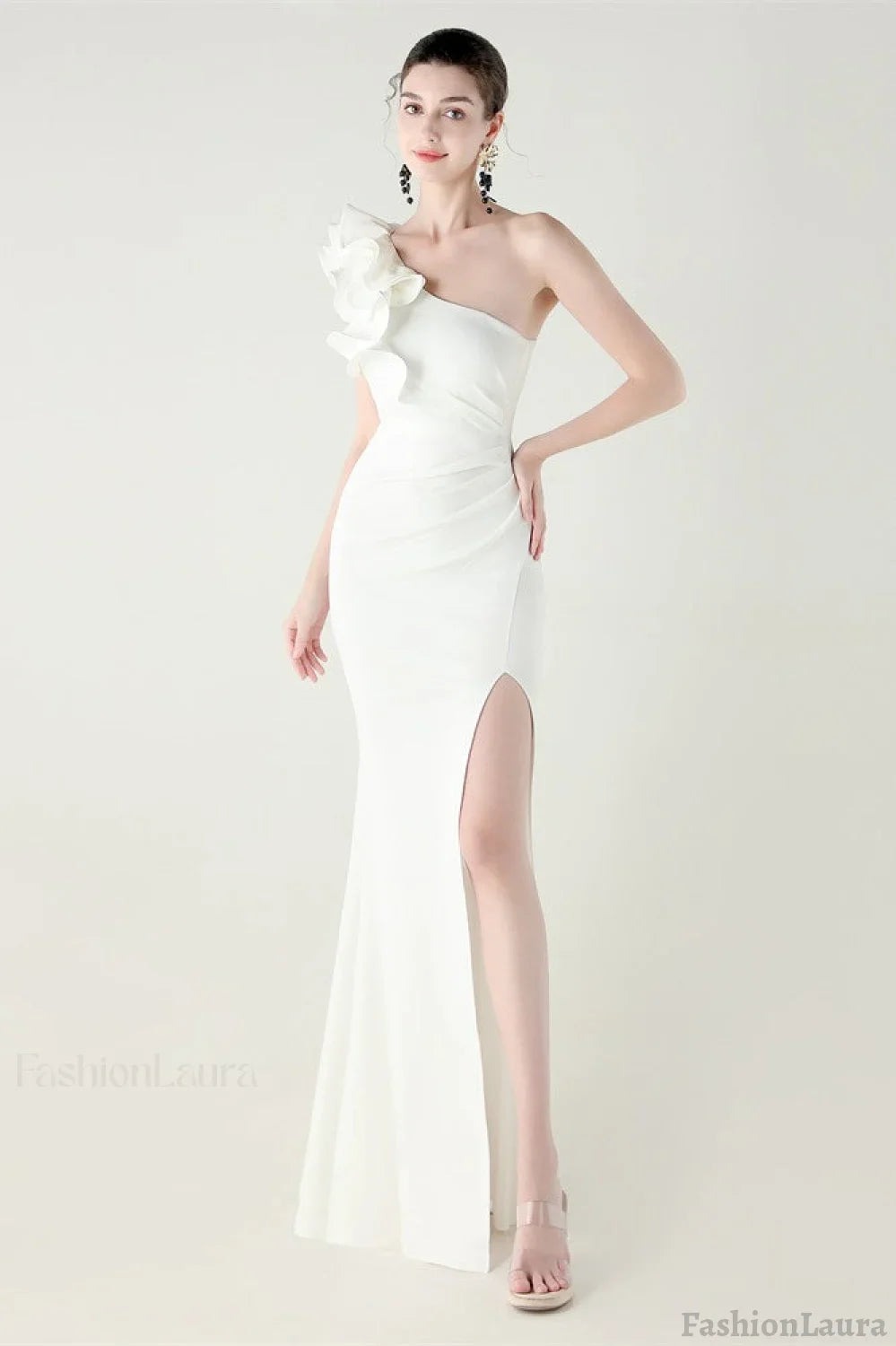 Ruffled Floral One Shoulder Satin Party Dress White / S