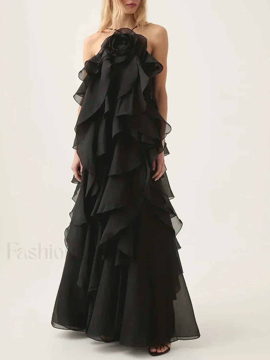 Ruffled Flower Chiffon Maxi Dress