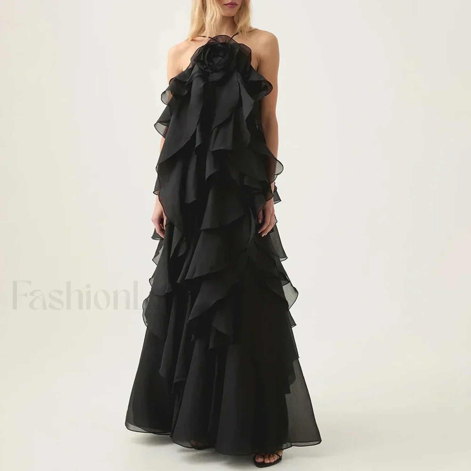 Ruffled Flower Chiffon Maxi Dress