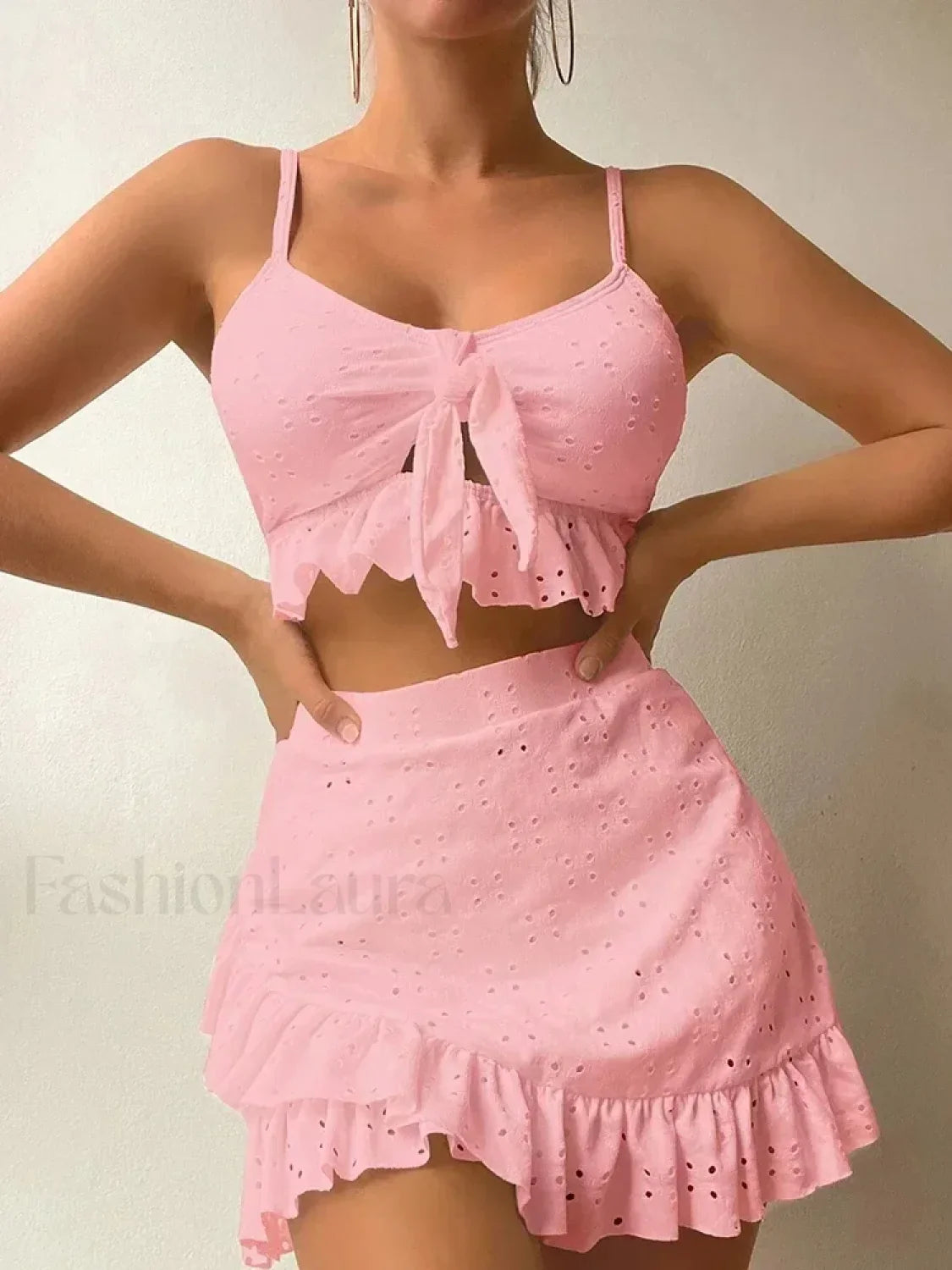 Ruffled Hollow Bow Asymmetrical Three Piece Set