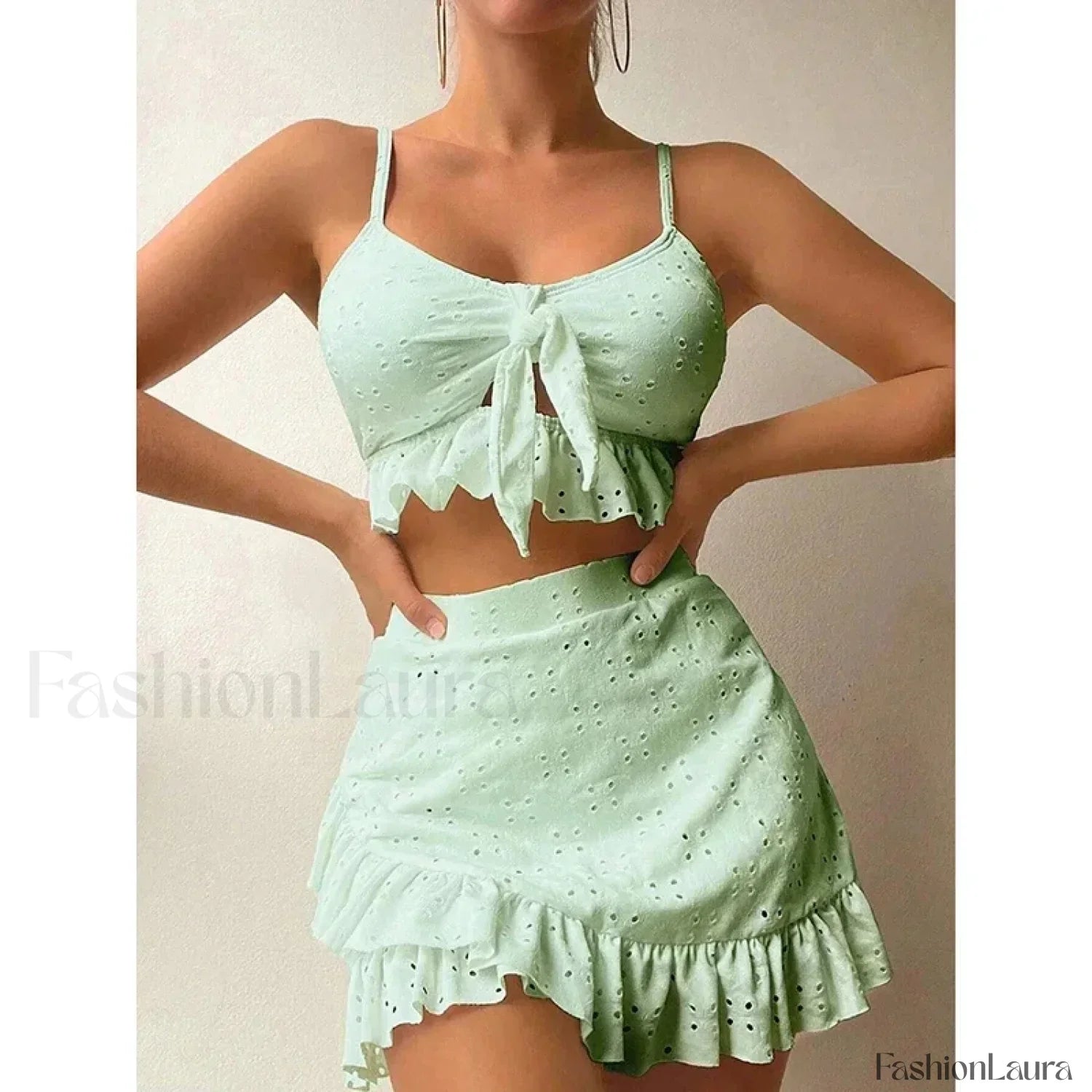 Ruffled Hollow Bow Asymmetrical Three Piece Set