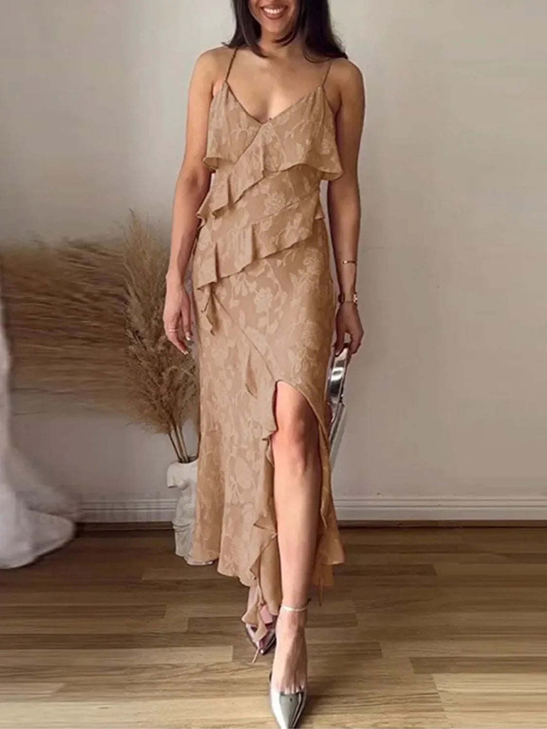 Ruffled Jacquard Split Maxi Dress