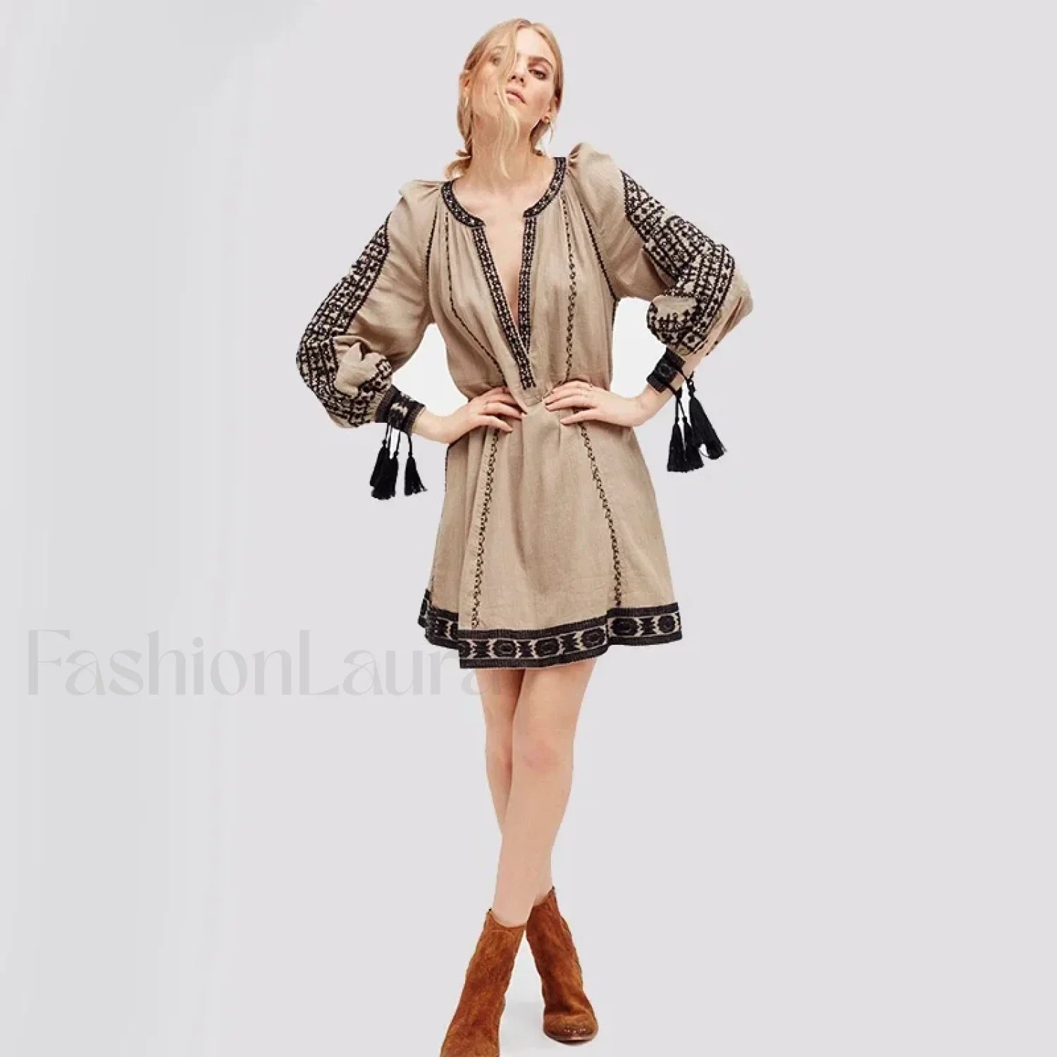 Ruffled Long-Sleeve Boho Dress