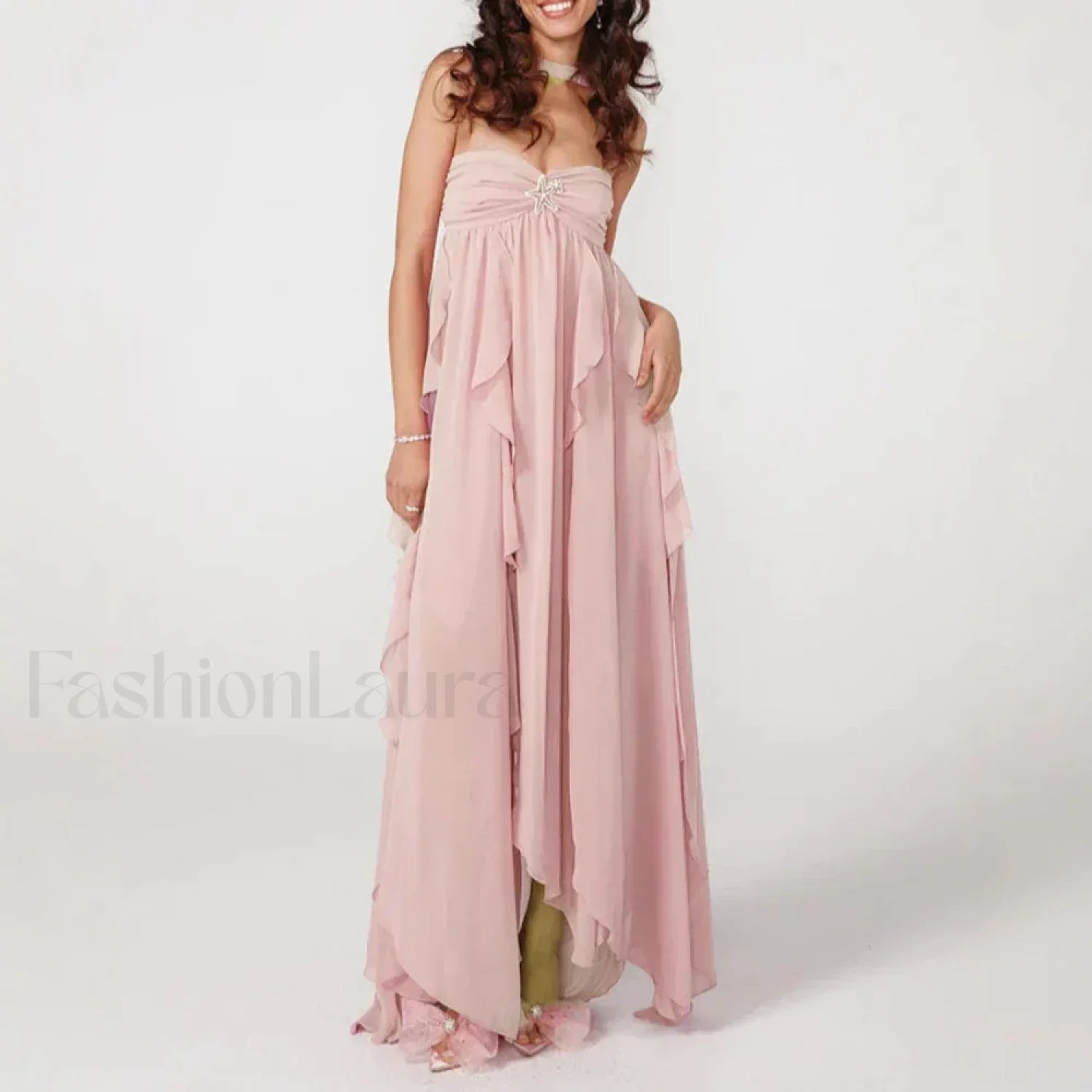 Ruffled Patchwork Chiffon Maxi Dress