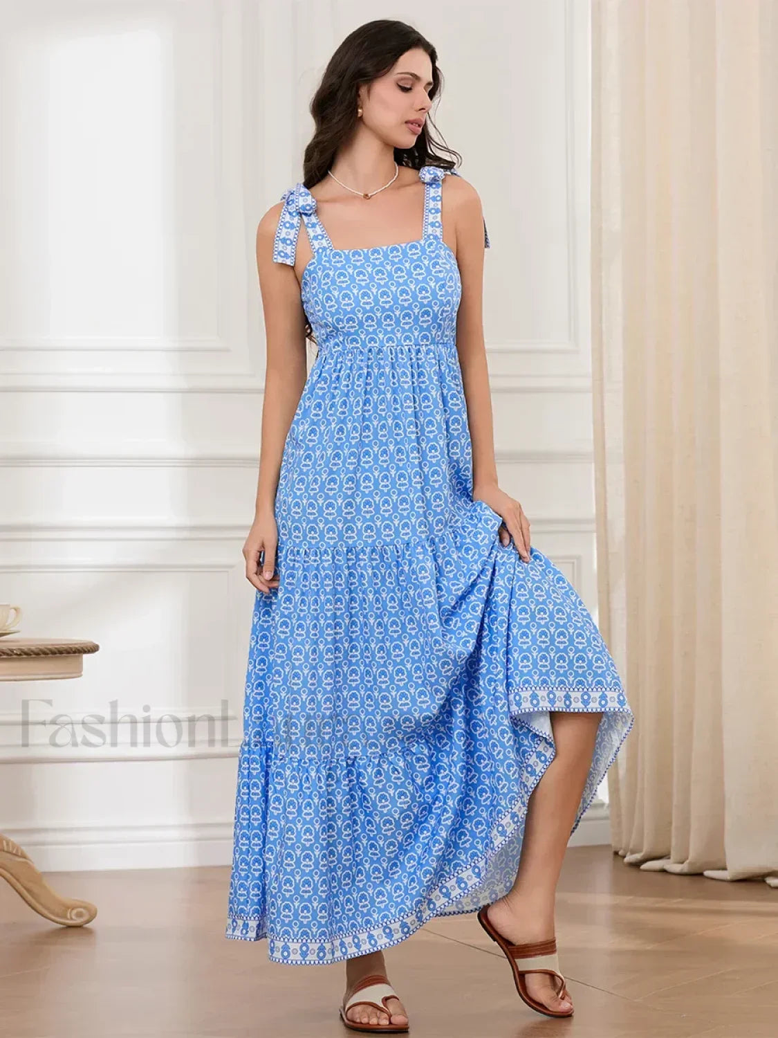 Ruffled Printed A Line Maxi Dress blue / S