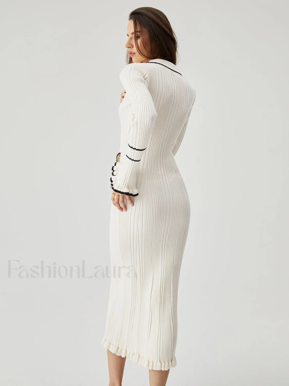 Ruffled Trim Contrast Binding Modern Button-up Collar Midi Sweater Dress