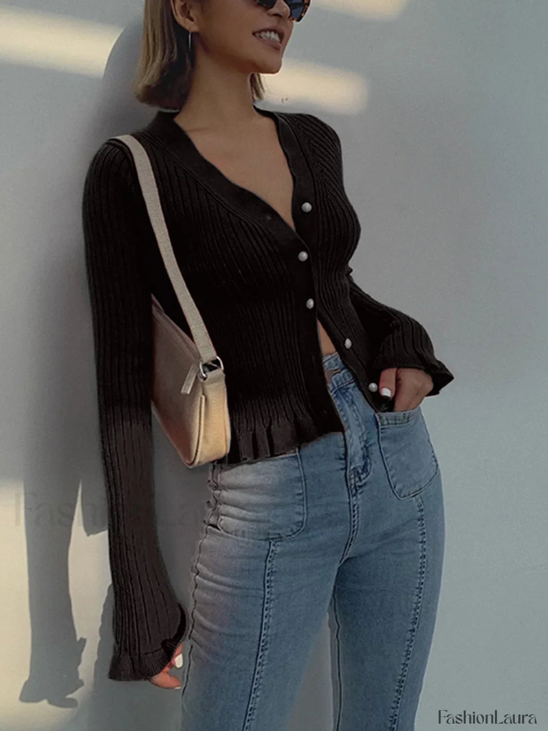 Ruffled Trim Pearl Button Long Sleeve Cardigan