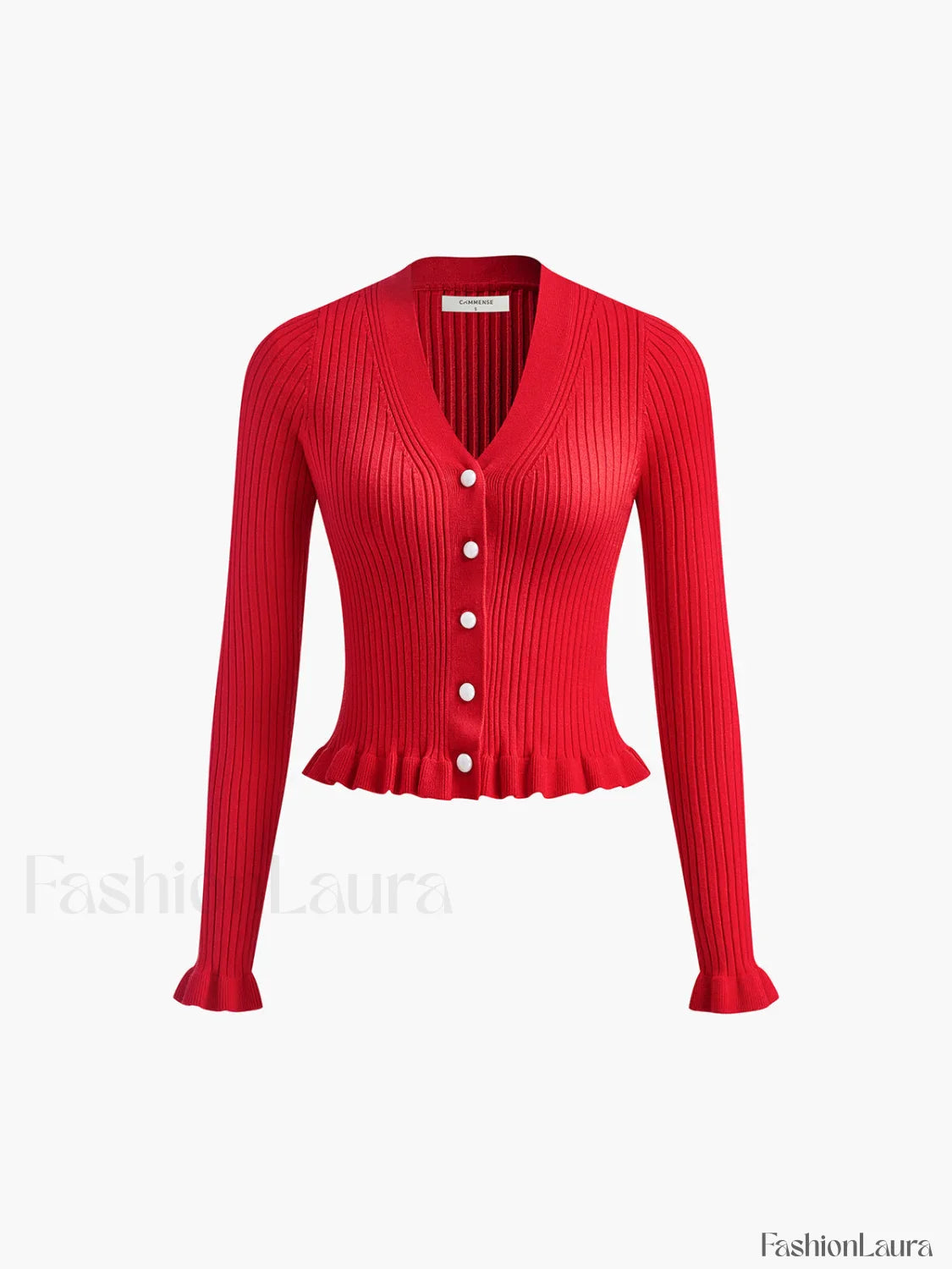 Ruffled Trim Pearl Button Long Sleeve Cardigan