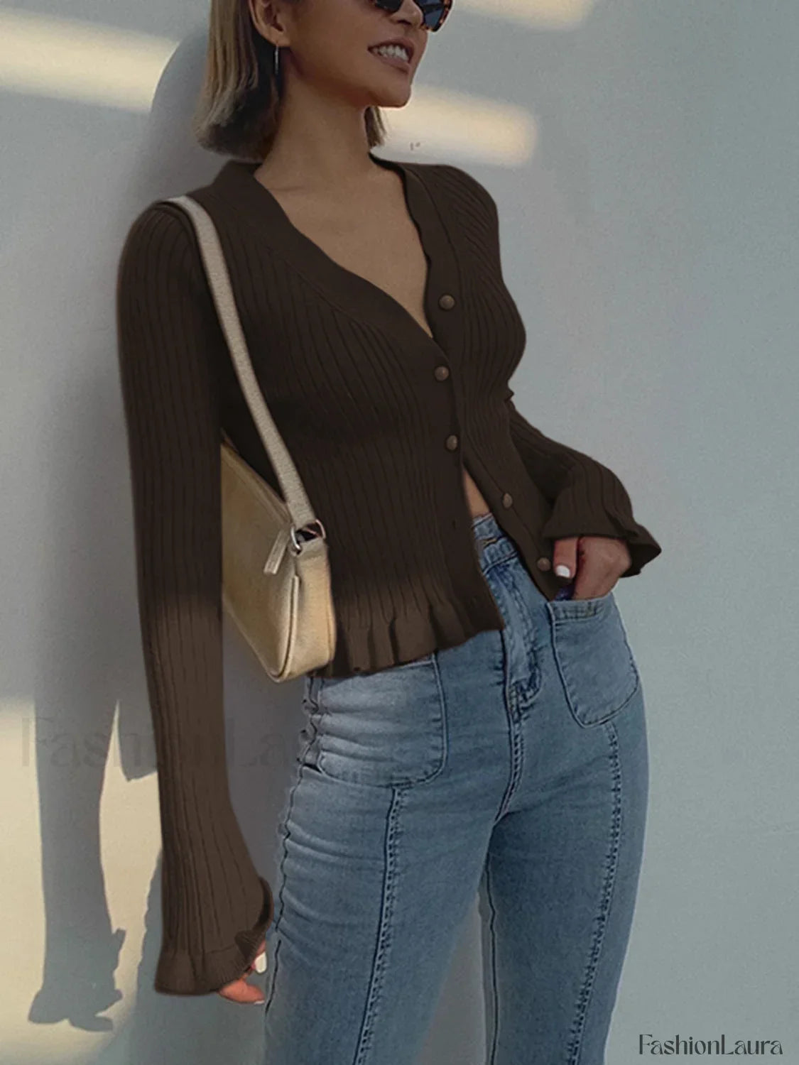 Ruffled Trim Pearl Button Long Sleeve Cardigan