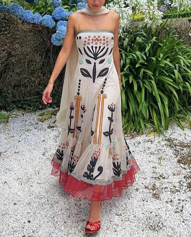 Embroidered Mesh Spaghetti Strap Tiered Maxi Dress