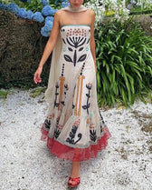 Embroidered Mesh Spaghetti Strap Tiered Maxi Dress