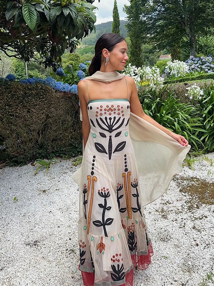 Embroidered Mesh Spaghetti Strap Tiered Maxi Dress 4