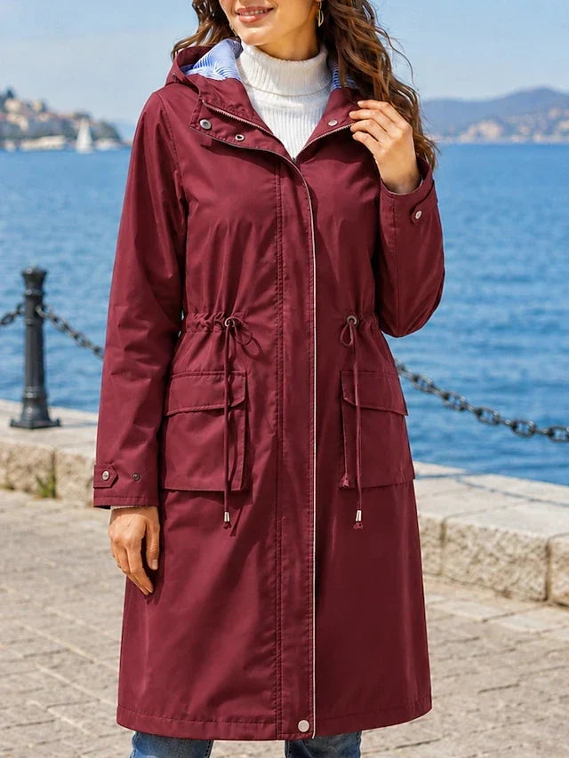 Hooded Drawstring Waist Longline Rain Jacket