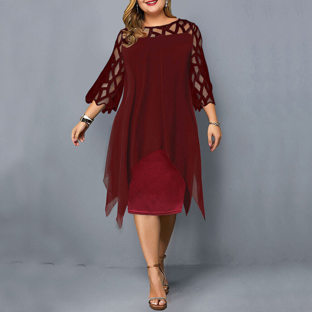 Round Neck Lace Sleeve Chiffon Overlay Midi Dress Cocktail 7