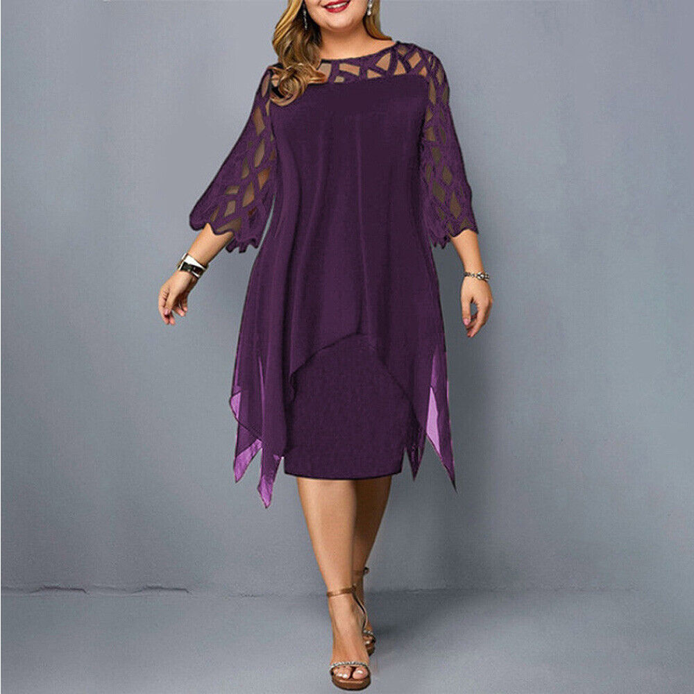 Round Neck Lace Sleeve Chiffon Overlay Midi Dress