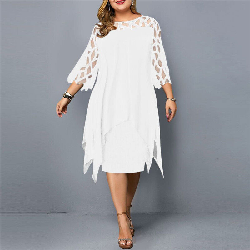 Round Neck Lace Sleeve Chiffon Overlay Midi Dress Cocktail 11