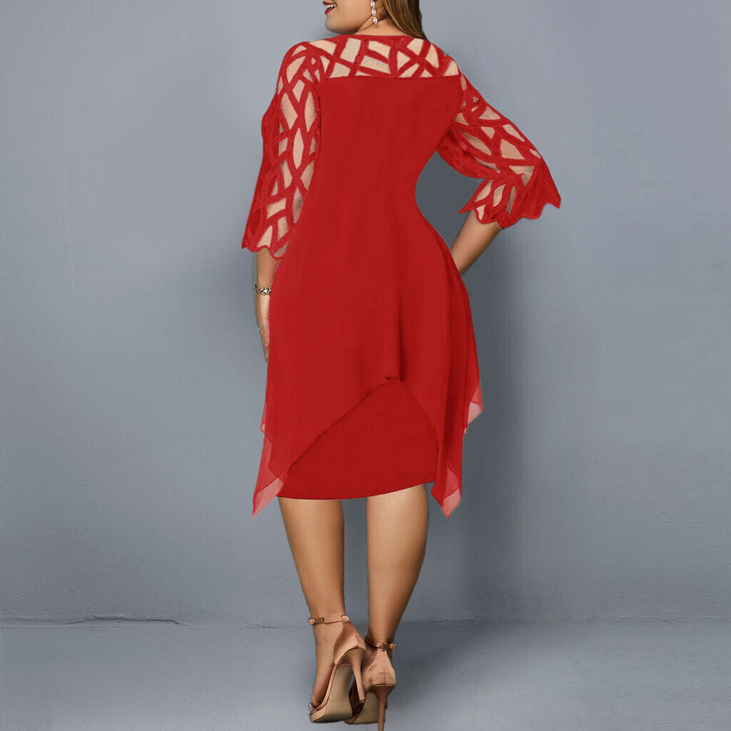 Round Neck Lace Sleeve Chiffon Overlay Midi Dress 9