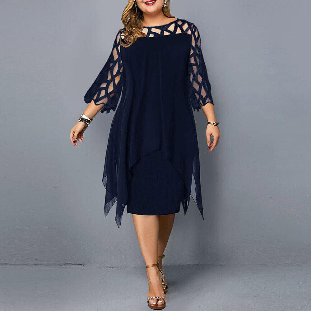 Round Neck Lace Sleeve Chiffon Overlay Midi Dress 2