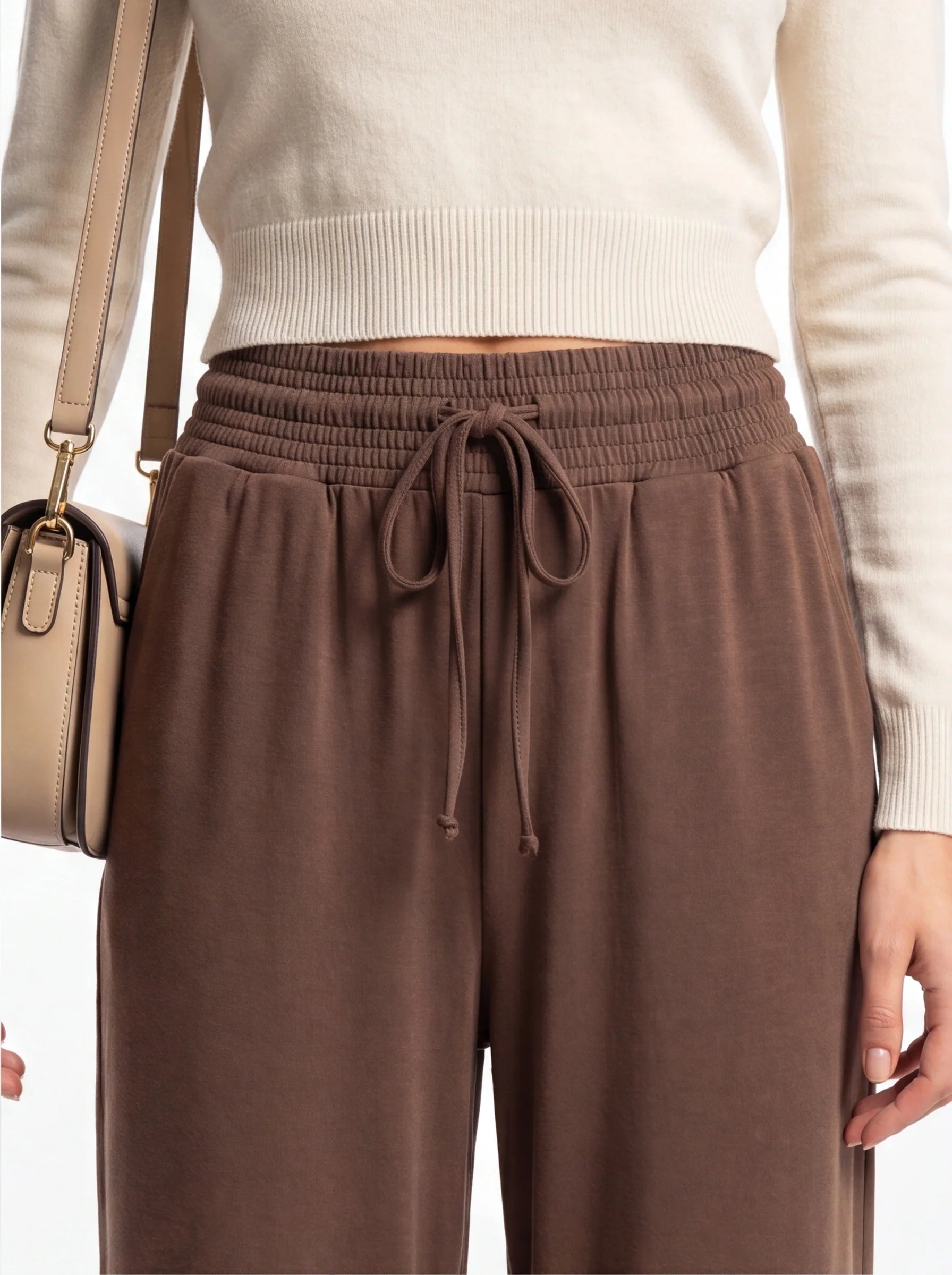 Wide Leg Pants Elastic Waist Polyester Elastane
