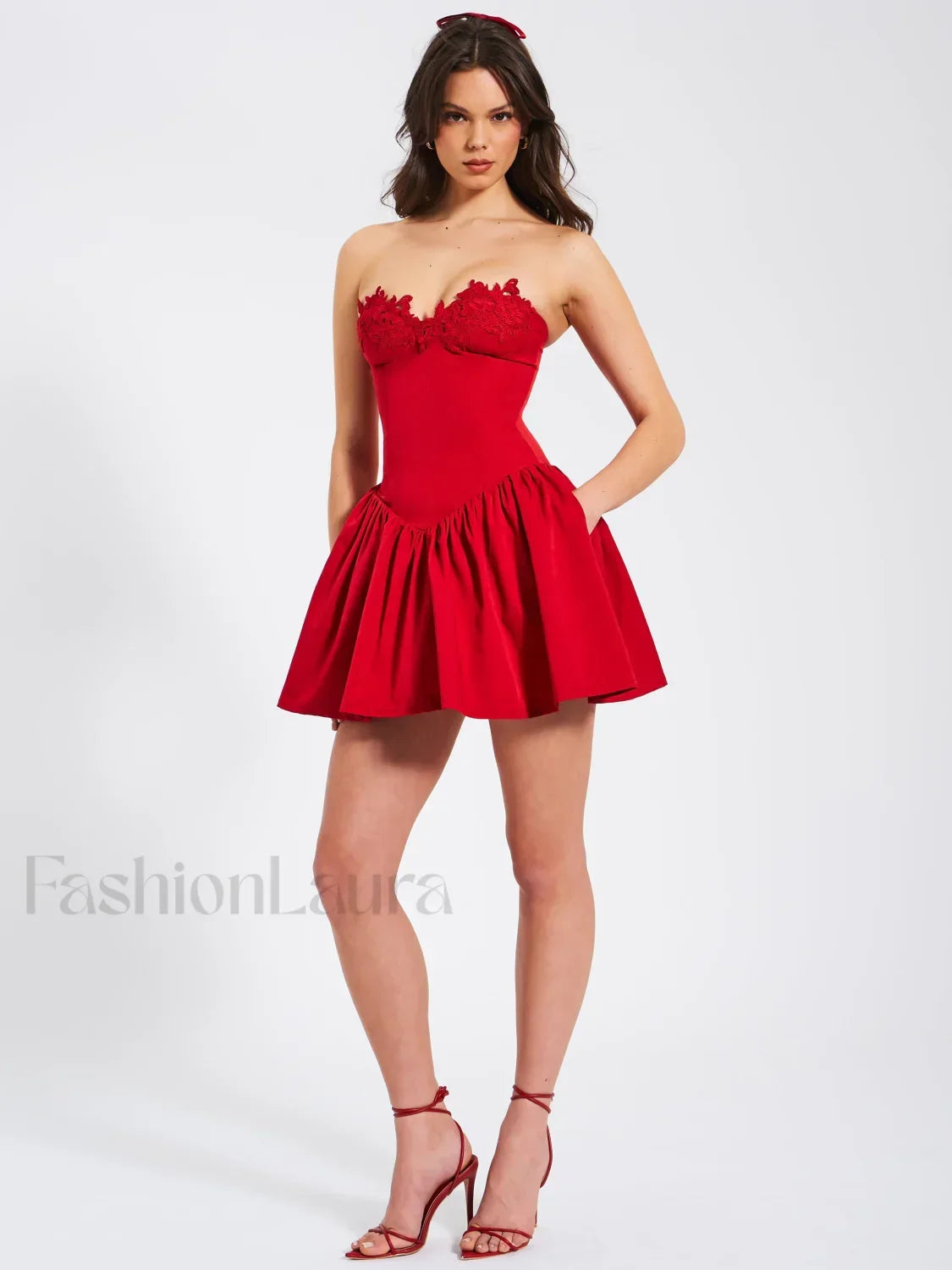 Sacha Red Lace Drop Graceful Waist Corset Puffy Mini Dress L / US 10 12 Dresses