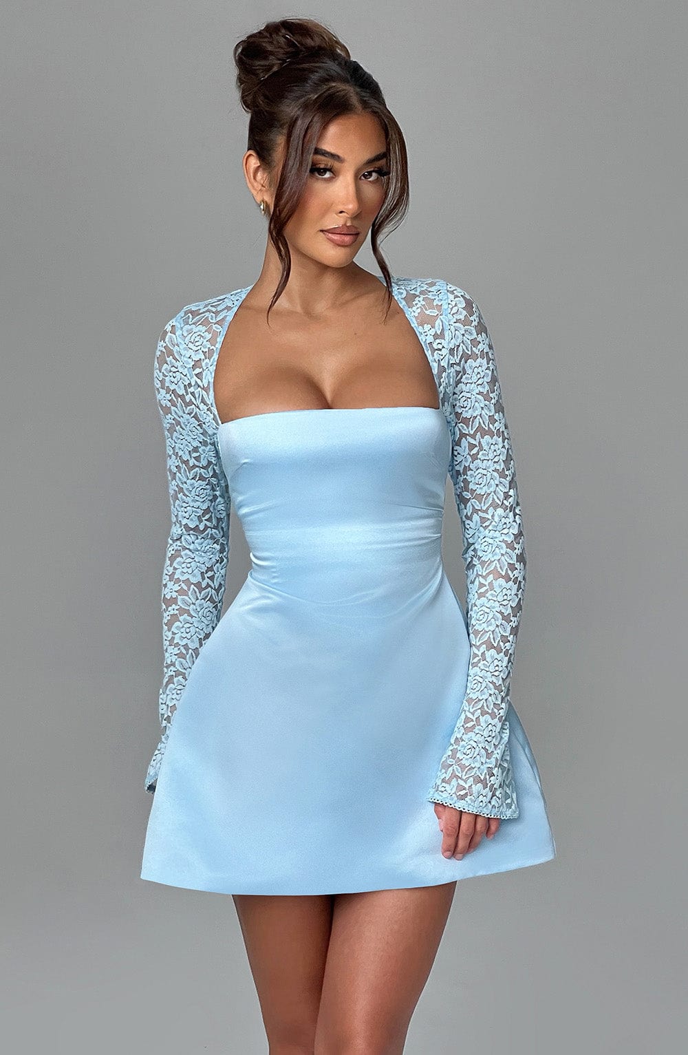 Satin Square Neck Lace Long Sleeve A-Line Mini Dress 6