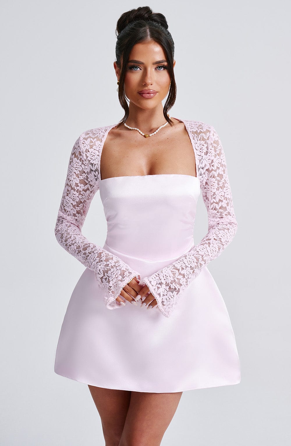 Satin Square Neck Lace Long Sleeve Flared Mini Dress 5
